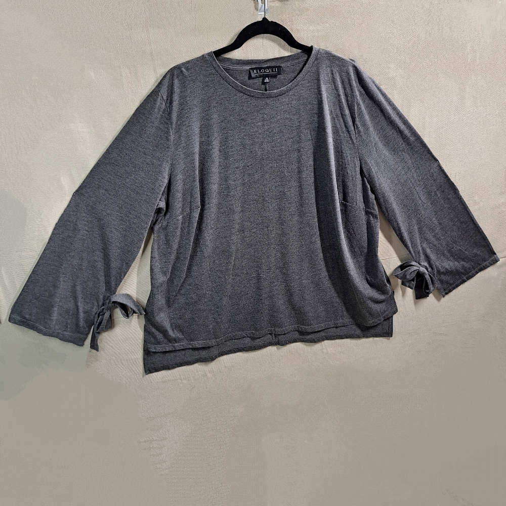 Eloquii Women 20 Grey Pullover Bow-Tie Long Sleeves Crew Neck Top Tunic Tshirt